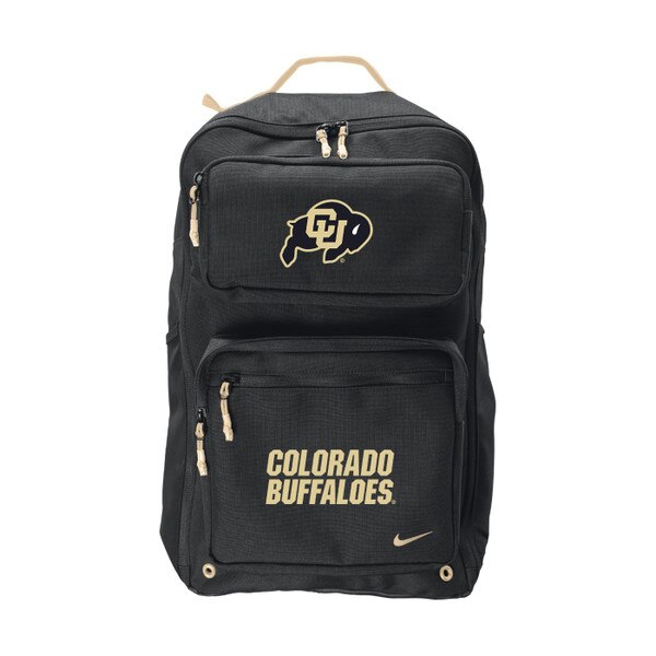 This backpack has gold zipper pulls, handle, and logos. The CU buffalo logo is black and gold. Besides that, the front is black.